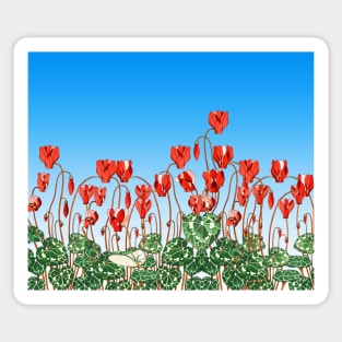 RED CYCLAMENS,GREEN LEAVES UNDER BLUE SKY Floral Sticker